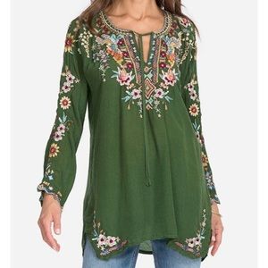 Green embroidered tie front blouse
